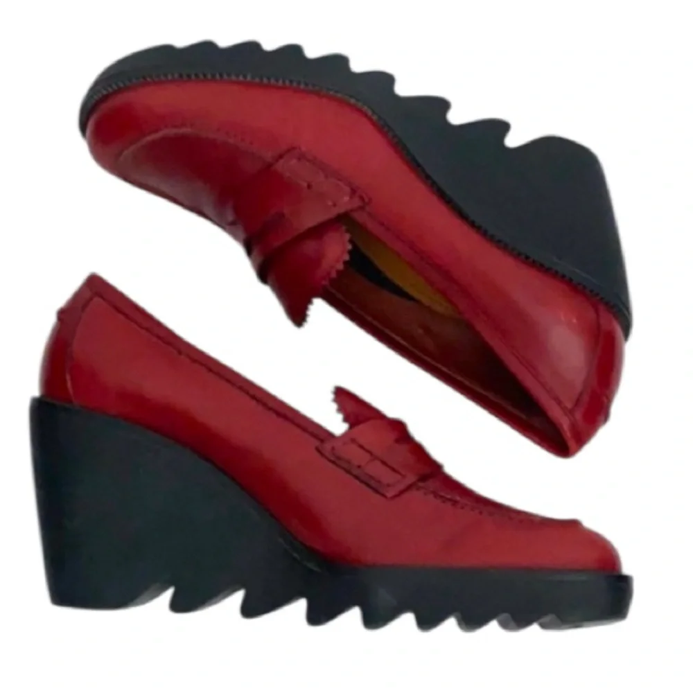 Authentic Donald J. Pliner designer red leather wedge loafers Sz 7.5